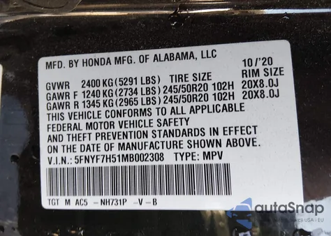 2021 Honda Passport 2Wd Ex-L z USA, uszkodzony, nr VIN 5FNYF7H51MB002308